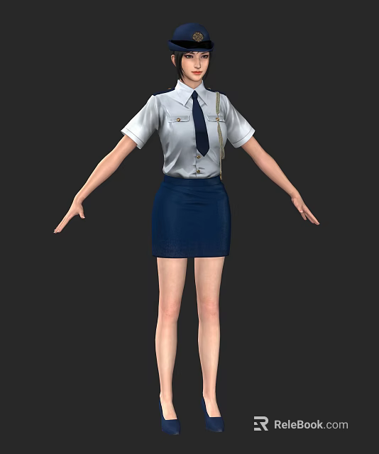 Woman Dressed In White Shirt And Blue Skirt With Necktie Standing With Arms Outstretched 3d model 