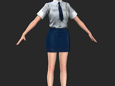 Woman Dressed In White Shirt And Blue Skirt With Necktie Standing With Arms Outstretched 3d model