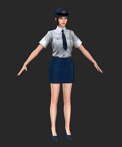Woman Dressed In White Shirt And Blue Skirt With Necktie Standing With Arms Outstretched 3d model