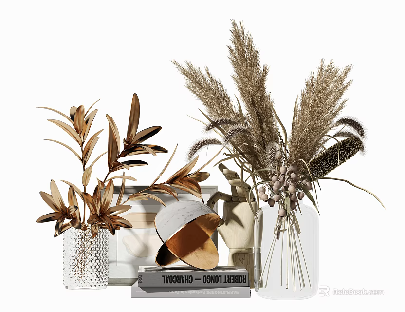 Decorative Ornament Set With Pampas Grass Dried Leaves Glass Metal Vases And Decorative Books 3d model 