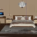 Modern Cozy Bedroom Interior With Wooden Bed Pendant Light Area Rug And Plants