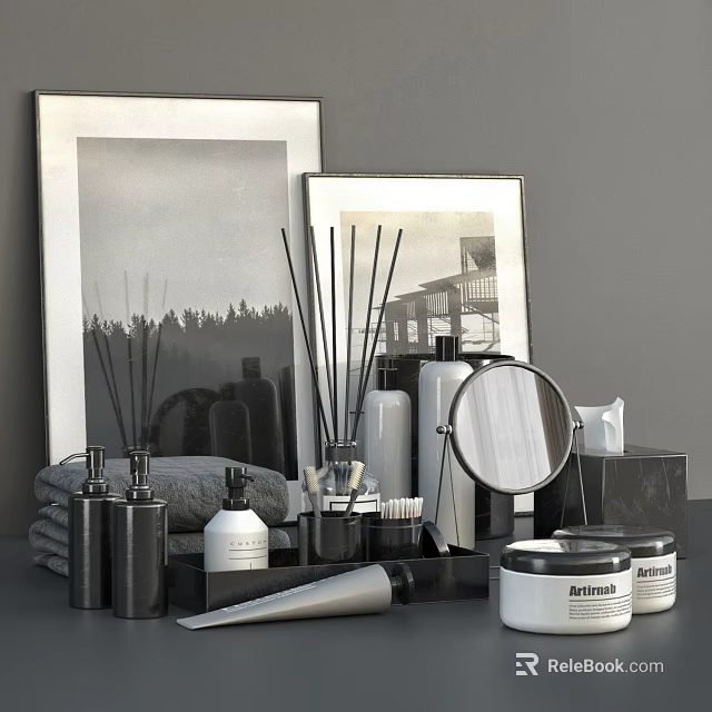 Stylish Wash Daily Essentials With Diffusers Mirrors Jars Towels And Art Prints 3d model