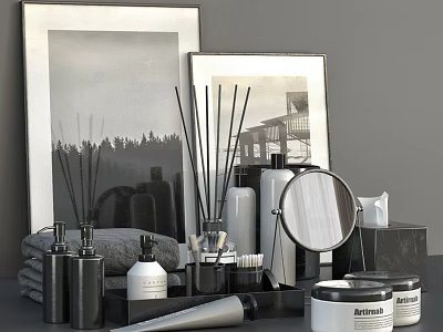 Stylish Wash Daily Essentials With Diffusers Mirrors Jars Towels And Art Prints 3d model
