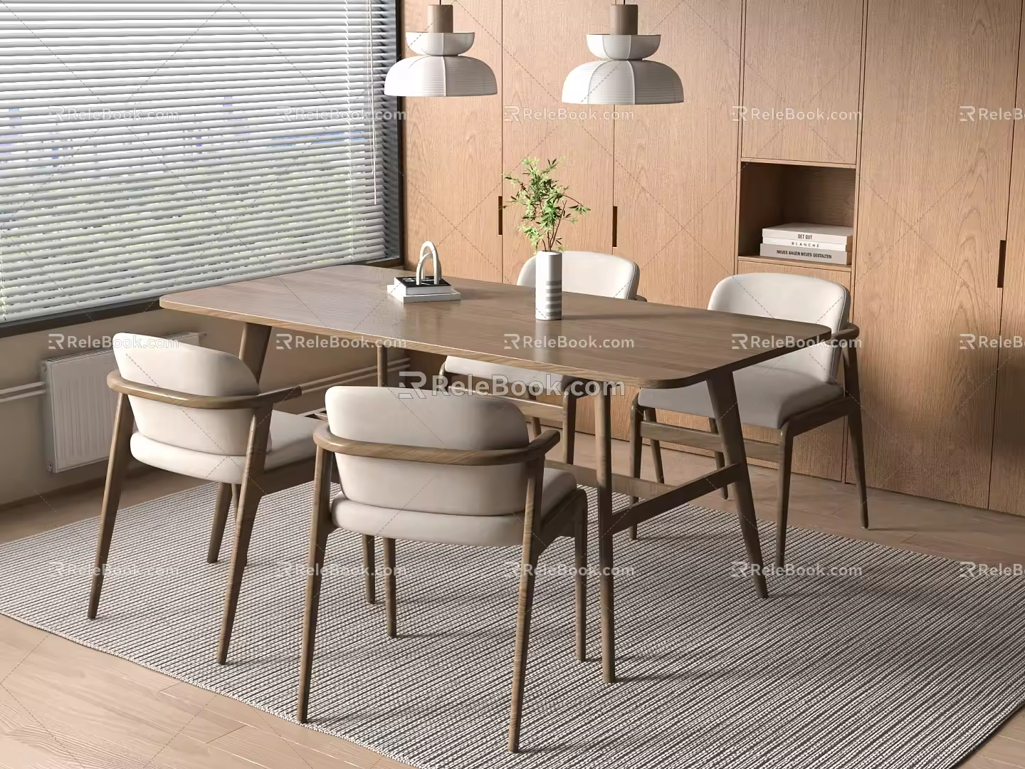 Modern wooden dining table and chair combination 3d model