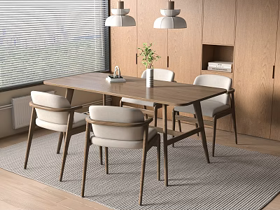 Modern Wooden Dining Table with White Chairs Pendant Lights Window Blinds and Gray Rug 3d model