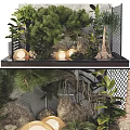 Miniature Garden Display with Lush Green Plants Decorative Round Ornaments and Black Grid Frame