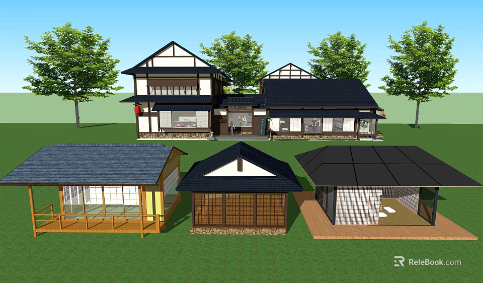 Traditional Japanese Houses With Black Roofs And Wooden Structures On Green Lawn 3d model 