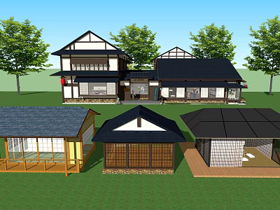 Traditional Japanese Houses With Black Roofs And Wooden Structures On Green Lawn 3d model