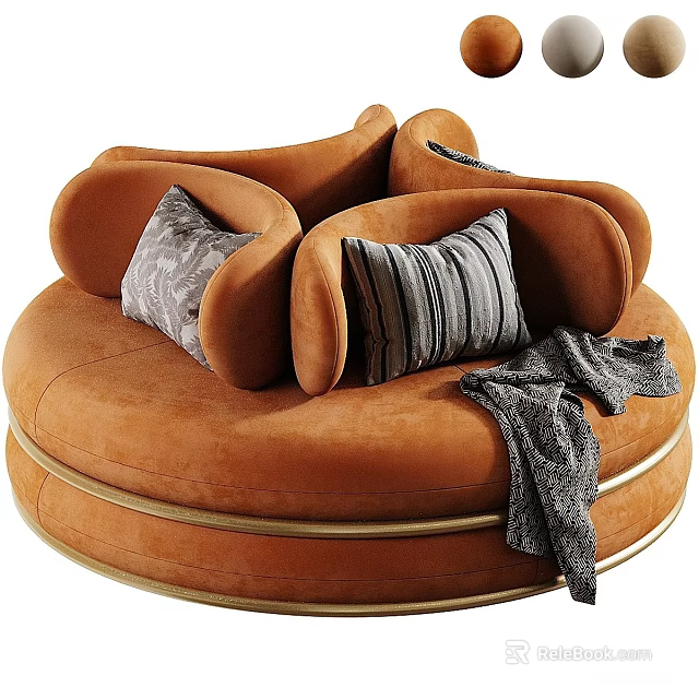 Orange Velvet Round Leisure Sofa Set with Patterned Pillows and Throw Blanket 3d model 
