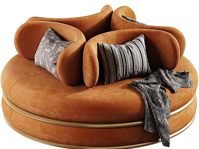 Orange Velvet Round Leisure Sofa Set with Patterned Pillows and Throw Blanket 3d model