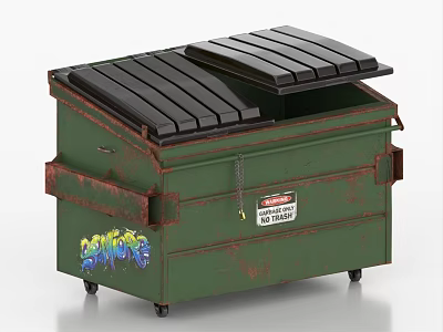 Green Rusty Dumpster With Graffiti Black Lids Wheels And Warning Label 3d model