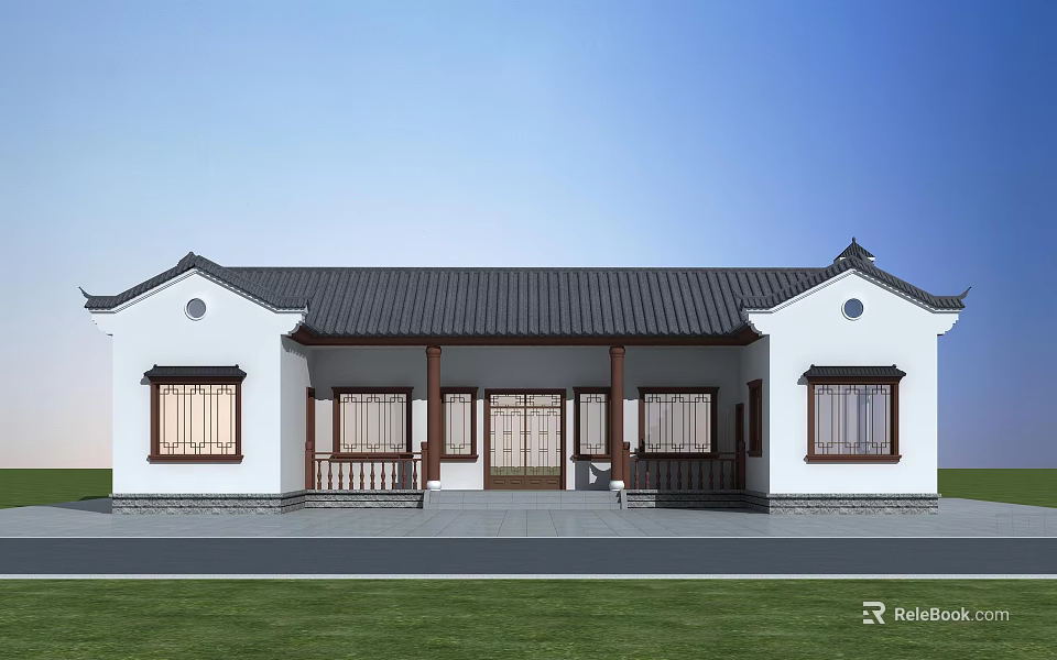 Ancient Chinese Architecture With White Walls Black Roof Wooden Porch And Symmetrical Design 3d model 