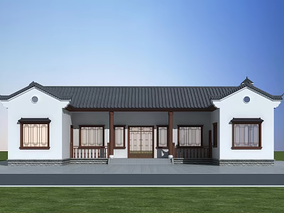 Ancient Chinese Architecture With White Walls Black Roof Wooden Porch And Symmetrical Design 3d model