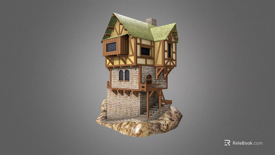 Ancient Architecture Featuring Green Roof Yellow Brown Wooden Frames Stone Walls Small Staircase Rock Base 3d model 