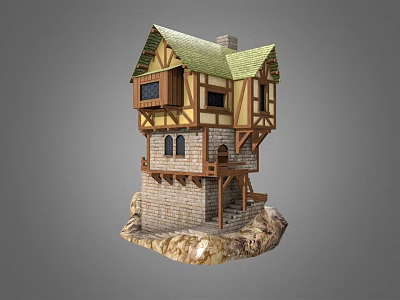 Ancient Architecture Featuring Green Roof Yellow Brown Wooden Frames Stone Walls Small Staircase Rock Base 3d model