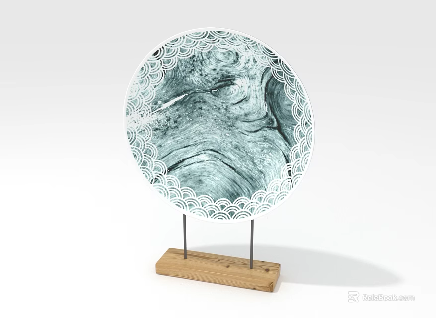 Decorative Round Ceramic Plate With Teal Intricate Pattern On Wooden Stand 3d model 