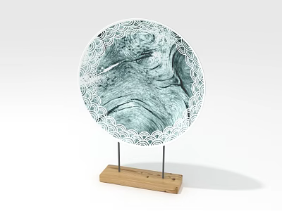 Decorative Round Ceramic Plate With Teal Intricate Pattern On Wooden Stand 3d model