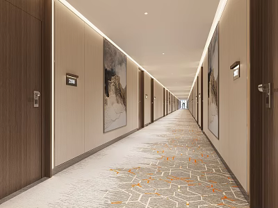 Modern Elevator Hallway With Wooden Doors Light Walls Linear Lighting Geometric Carpet And Decorative Paintings 3d model