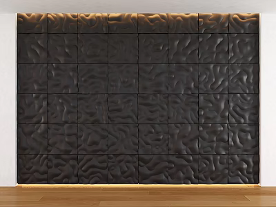 Modern Black Background Wall Featuring Wavy Texture Square Panels And Warm Lighting 3d model
