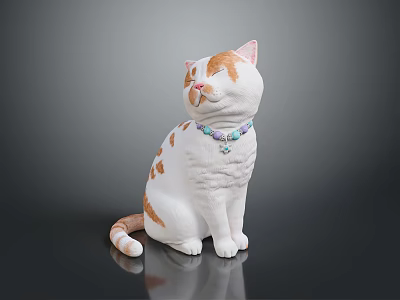 Orange and white cat figurine sitting on dark reflective surface with beaded collar and pendant 3d model