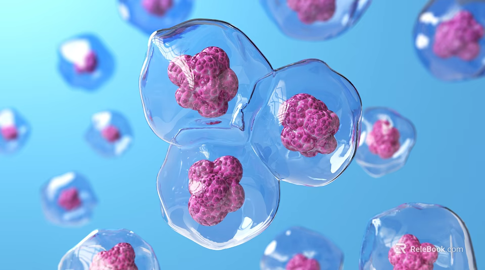 3D Visualization Of Transparent Cells With Pink Inner Structures On Blue Background 3d model 