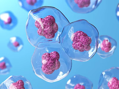 3D Visualization Of Transparent Cells With Pink Inner Structures On Blue Background 3d model