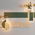 Modern Wall Decorations with Geometric Panels Green Beige Tones Flower Bouquets and LED Lighting