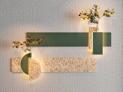 Modern Wall Decorations with Geometric Panels Green Beige Tones Flower Bouquets and LED Lighting 3d model