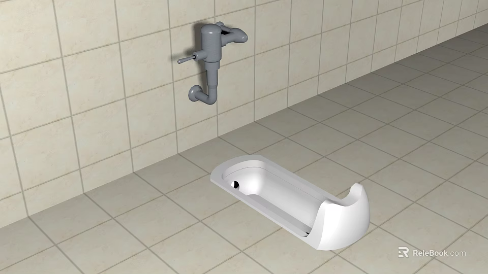 White Squat Toilet on Light Colored Tiled Floor and Wall With Gray Flushing Device 3d model 