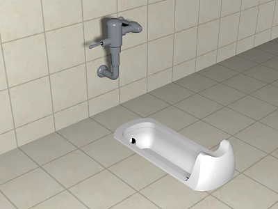 White Squat Toilet on Light Colored Tiled Floor and Wall With Gray Flushing Device 3d model