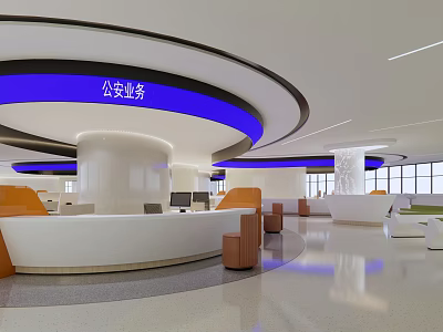 Public Security Service Hall With Modern Design Spacious Interior Blue Accents And Service Counters 3d model