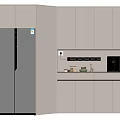 Modern Kitchen Cabinets In Light Gray With Built In Lighting And Black Refrigerator 3d model