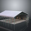 Industrial Warehouse Building With Metal Roof Green Pillars Multiple Doors And Cylindrical Structure