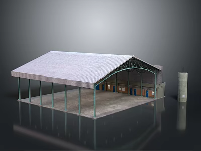 Industrial Warehouse Building With Metal Roof Green Pillars Multiple Doors And Cylindrical Structure 3d model
