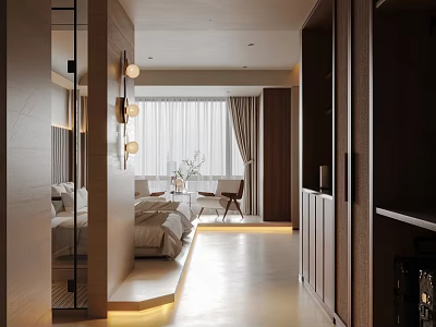 Modern Hotel Guest Room Interior With King Bed Large Window And Warm Lighting 3d model