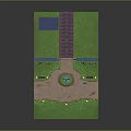 Outdoor Park Equipment With Lamp Posts Fountain Brick Archway And Green Lawn
