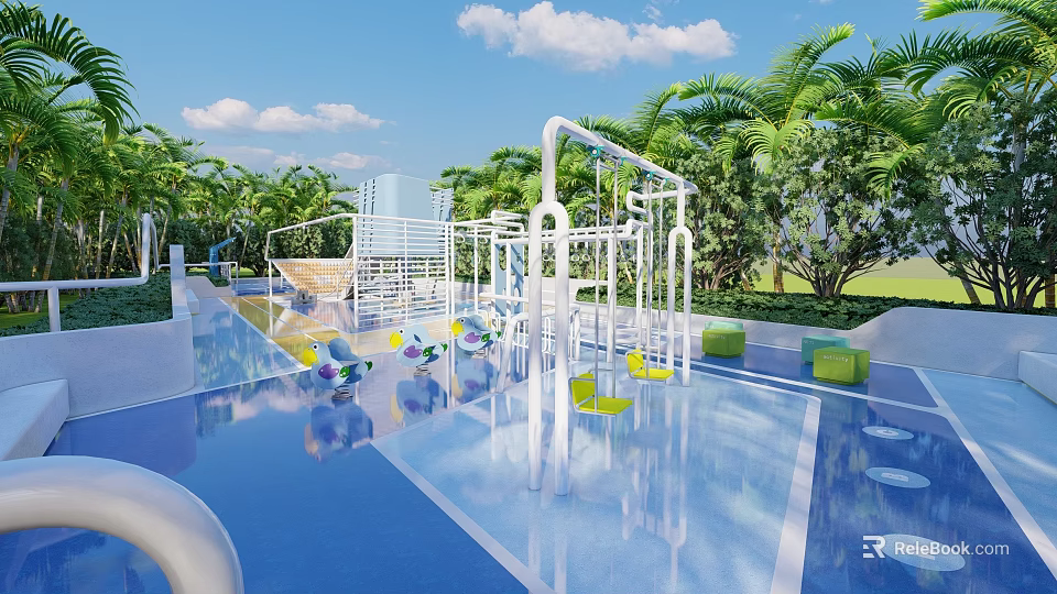 Children's Water Park With Blue Pool Colorful Toys White Structures Green Plants And Blue Sky 3d model 