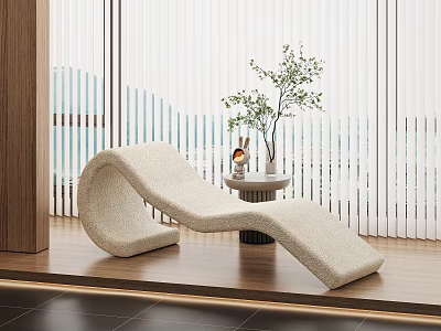 Beige Plush Lounge Chair by Window with Blinds Side Table Plant Decor on Wooden Floor 3d model