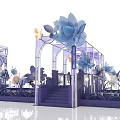 Elegant Blue Floral Art Installation With Archway Structures And Butterfly Accents