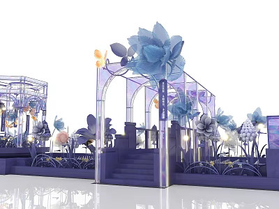 Elegant Blue Floral Art Installation With Archway Structures And Butterfly Accents 3d model