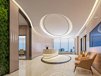 Hotel Lobby With Green Wall Circular Reception Desk Large Windows City View And Comfortable Sofa Chairs 3d model