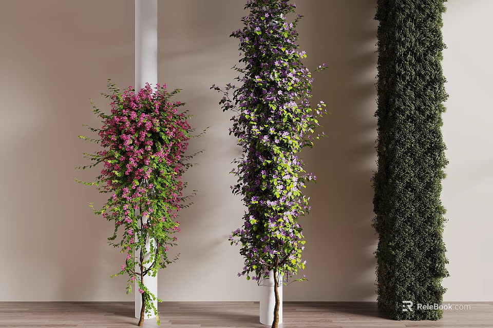 Decorative Pillars Adorned With Purple Pink Flowers And Green Vines Indoors 3d model 