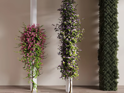 Decorative Pillars Adorned With Purple Pink Flowers And Green Vines Indoors 3d model
