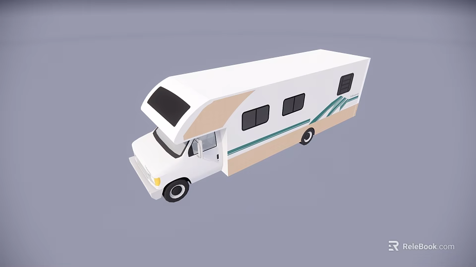White Motorhome With Brown Blue Decorative Lines And Kitchen Appliances 3d model 