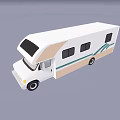 White Motorhome With Brown Blue Decorative Lines And Kitchen Appliances