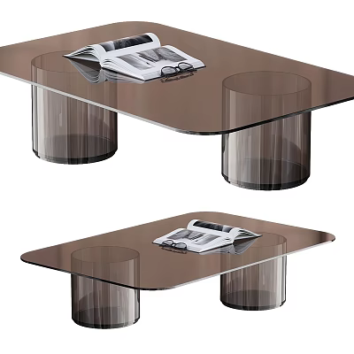 Modern Glass Coffee Table With Transparent Cylindrical Legs Magazines And Eyeglasses 3d model