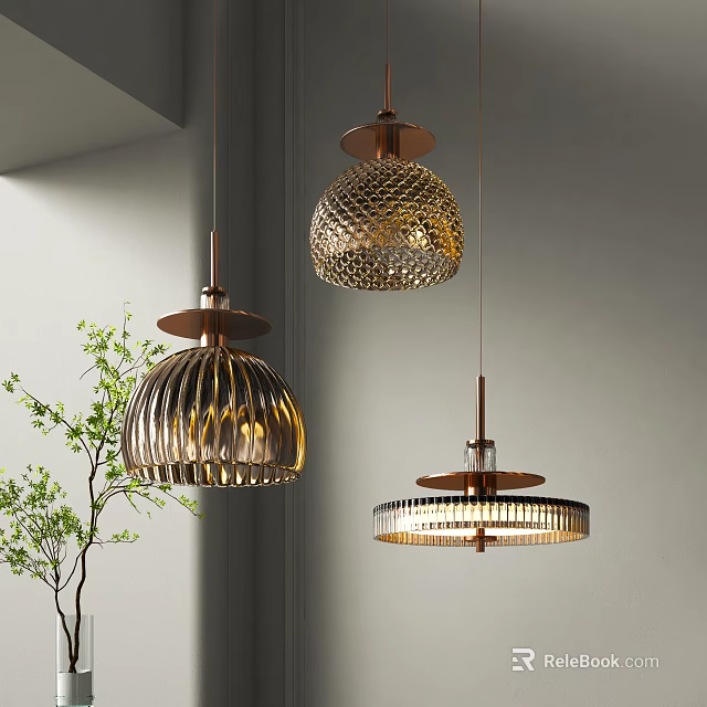 Stylish Modern Chandeliers In Contemporary Interior With Metallic Frames Textured Shades And Green Plant 3d model 