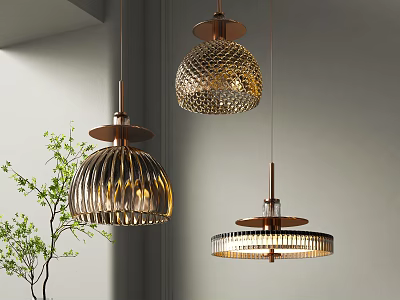 Stylish Modern Chandeliers In Contemporary Interior With Metallic Frames Textured Shades And Green Plant 3d model