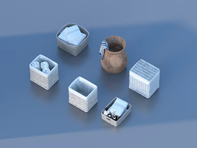 Practical Woven Storage Boxes And Clay Pot With Towels For Household Organizing 3d model