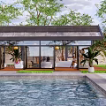 Elegant Glass Sunroom Design With Black Roof Surrounded By Trees And Water Pool